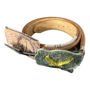 Myra Hand Tooled Leather Belt XL Western Eagle Buckle Genuine Leather
